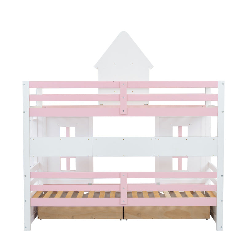 Etagenbett, Prinzessinnenbett, Kinderbett, Kinderbett mit Dach und Fenster, mit Fallschutzgitter, stabiles Geländer, Zwei Schubladen mit Rollen, Offenes Regal, Reichlich Stauraum, Kiefer+MDF,Weiß+Rose