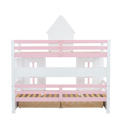 Etagenbett, Prinzessinnenbett, Kinderbett, Kinderbett mit Dach und Fenster, mit Fallschutzgitter, stabiles Geländer, Zwei Schubladen mit Rollen, Offenes Regal, Reichlich Stauraum, Kiefer+MDF,Weiß+Rose