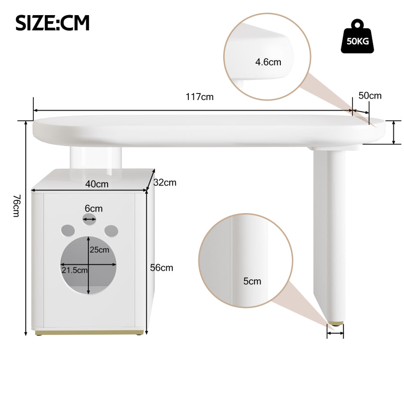 Schreibtisch mit Haustierbett, komplett lackiert, abgerundete Kurven, 5 cm dicke Beine, stabil und modern, Haustiergrößen M–XL