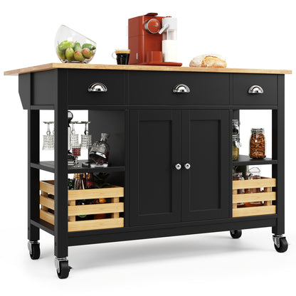 Moderne Kücheninsel Küchenschrank mit Kiefernkorb 120x45x90cm Multifunktions Esstisch Servierwagen Holzmaserung Aufbewahrungskorb Schwarz