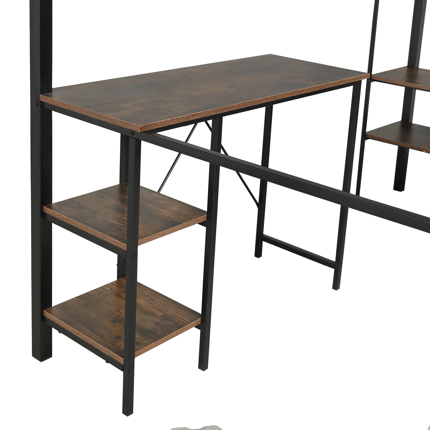 Eisenbett, Etagenbett, Geeignet für Kinder und Jugendliche, Eckleiterschrank mit Stauraum, Mit Tisch und Ablageregal, Mit offenem Kleiderschrank, Eisen+MDF, Schwarz+Vintage-Holzfarbe