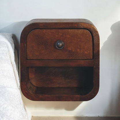 Schwebender Mini-Nachttisch aus Massivholz – Kastanienbraun, 1 Schublade & offenes Fach, Wandmontage, Handgefertigt, 20x17x20 cm