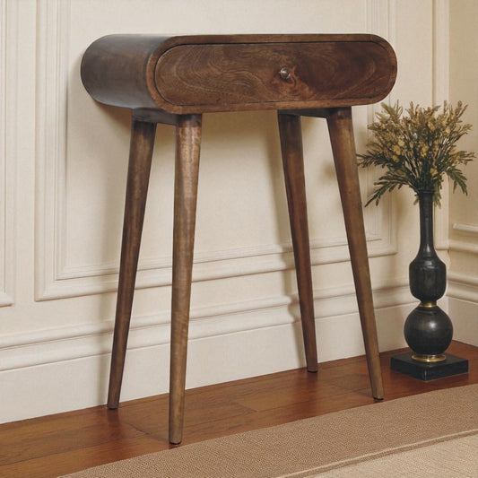 Mini London Konsolentisch aus massivem Mangoholz – Grau/Kastanie, 1 Schublade & Ablage, Handgefertigt, Bronze-Gestell, 60x30x78 cm