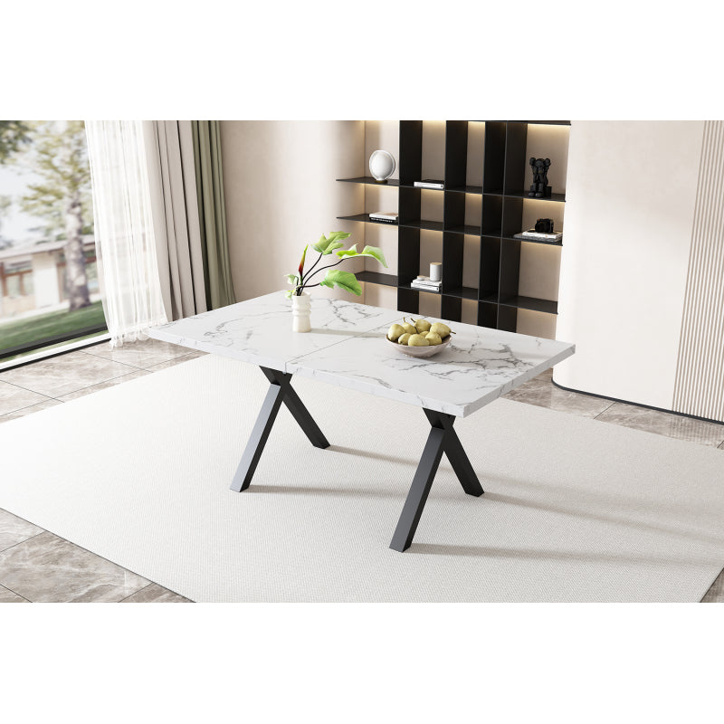 Esstisch, Design mit gekreuzten Beinen, Marmorstruktur, Schwarz und Weiß