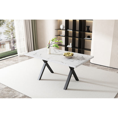 Esstisch, Design mit gekreuzten Beinen, Marmorstruktur, Schwarz und Weiß