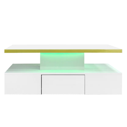 Couchtisch, Tisch mit Schubladen, Hochglanzlackierung, Beistelltisch mit zwei Ablageebenen. Mit LED-Licht