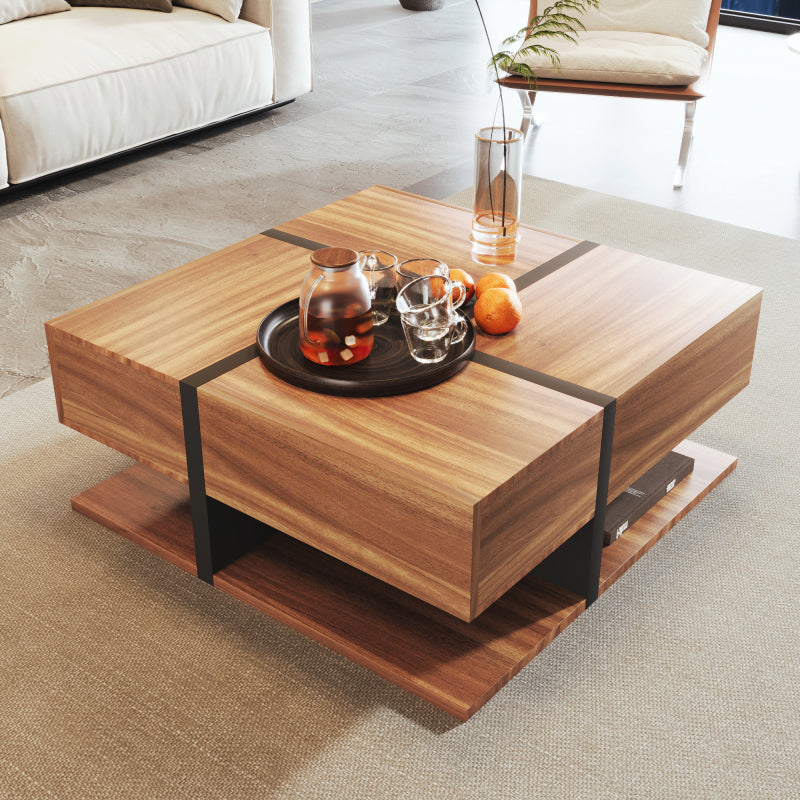 Couchtisch, Tisch mit 4 Schubladen, einzigartige Farbabstimmung und Liniendesign, Stauraum unten. 78*78*36cm
