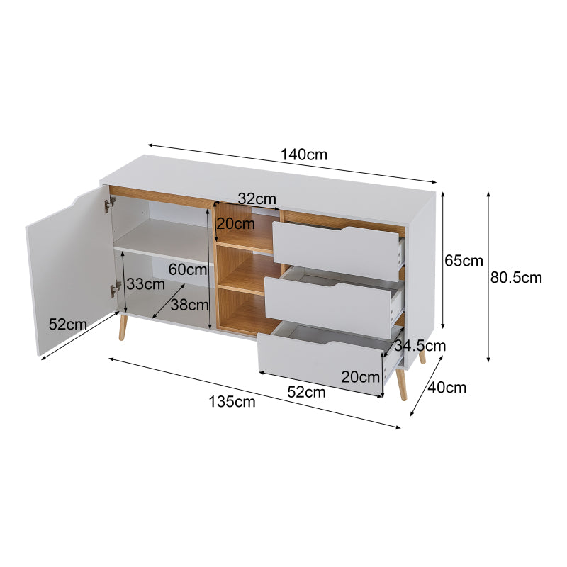 Modernes weißes Sideboard mit Einlegeböden, 3 Schubladen und offenem Stauraum, mit Kippschutz-Design – geeignet für Küche, Esszimmer und Wohnzimmer
