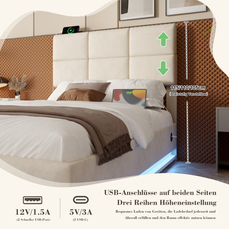 90x200 cm Modernes Velours-Polsterbett mit höhenverstellbarem Kopfteil - Inkl. USB/Type-C-Anschlüssen, LED-Ambientebeleuchtung, hydraulischem Lift-System & XXL-Stauraum (ohne Matratze) - Beige