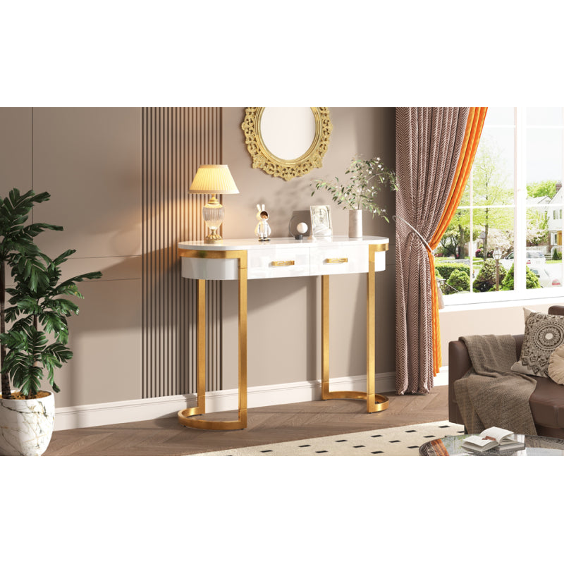100 x 40 x 76 cm, Moderner und schlichter weißer Hochglanz-Sofa-Beistelltisch, Wohnzimmer-Konsolentisch,  Schreibtisch mit 2 Schubladen, geeignet für Wohnzimmer, Schlafzimmer, Büro, Flur