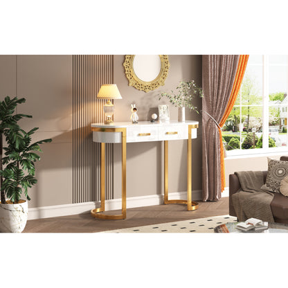 100 x 40 x 76 cm, Moderner und schlichter weißer Hochglanz-Sofa-Beistelltisch, Wohnzimmer-Konsolentisch,  Schreibtisch mit 2 Schubladen, geeignet für Wohnzimmer, Schlafzimmer, Büro, Flur