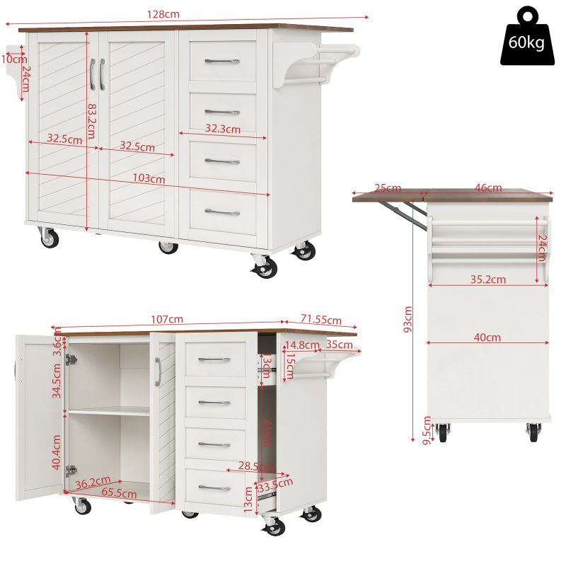 Küchenwagen mit diagonal gestreiften Schranktüren, herausnehmbarer Esswagen mit Handtuchhalter und Gewürzregal, verstellbare Trennwände, Küchenbuffet, Tischplatte mit Holzmaserung, weiß