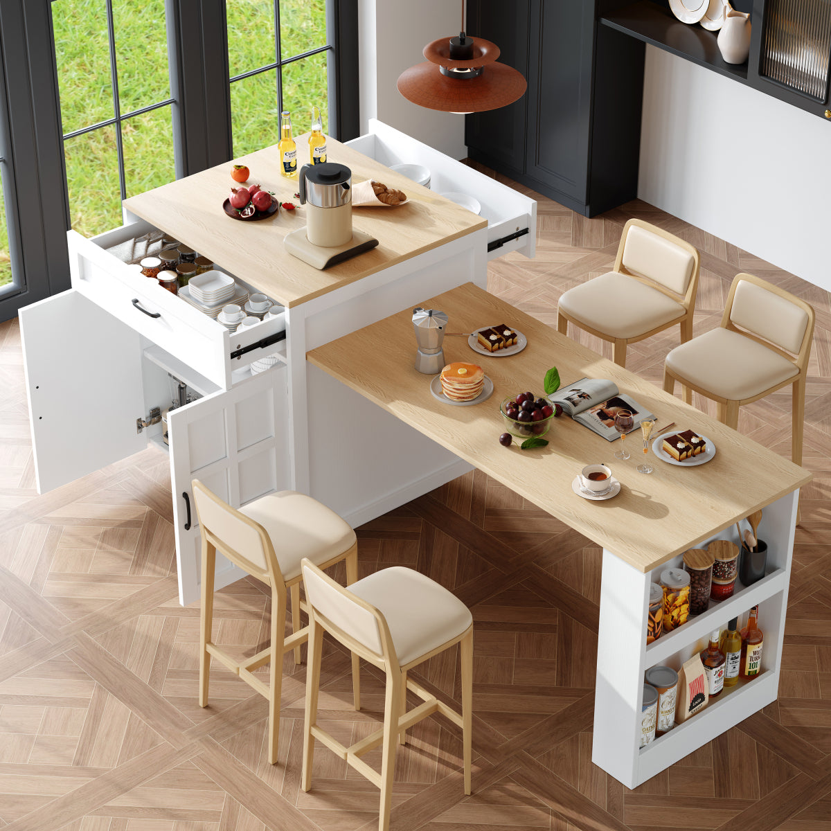 Bartisch ausziehbar 133-202cm, Kücheninsel mit Marmor-Optik & Stauraum, Esstisch für 2-6 Personen, Küchenwagen mit Schubladen & Regalen, Weiß