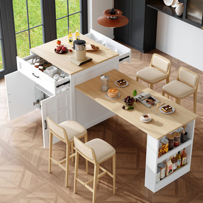 Bartisch ausziehbar 133-202cm, Kücheninsel mit Marmor-Optik & Stauraum, Esstisch für 2-6 Personen, Küchenwagen mit Schubladen & Regalen, Weiß