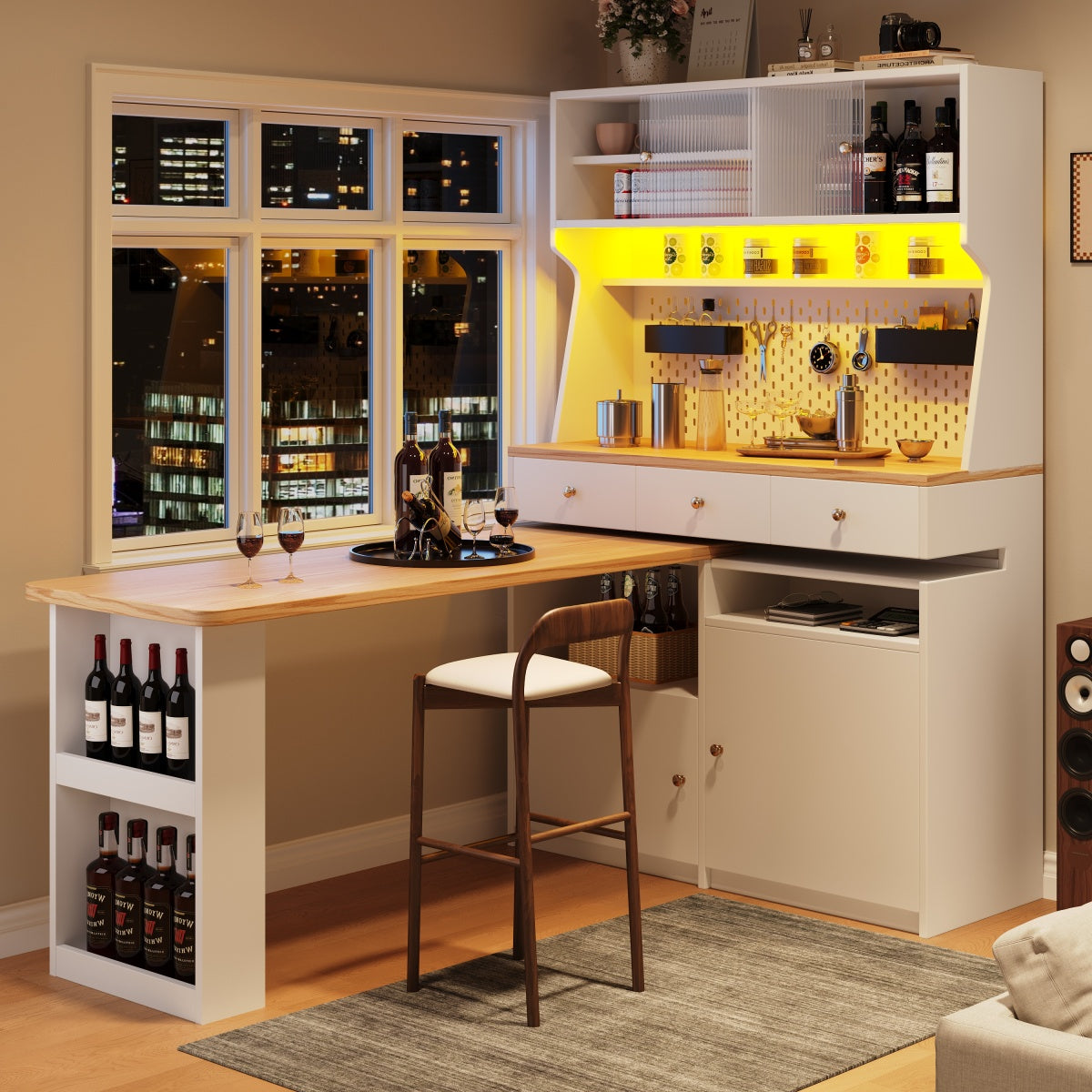 Küchenschrank 137x45x178cm hohes Küchenbuffet mit LED-App-Steuerung, Ausziehbarer Tischplatte & Stecktafel, Mehrzweckschrank MDF Weiß/Holz