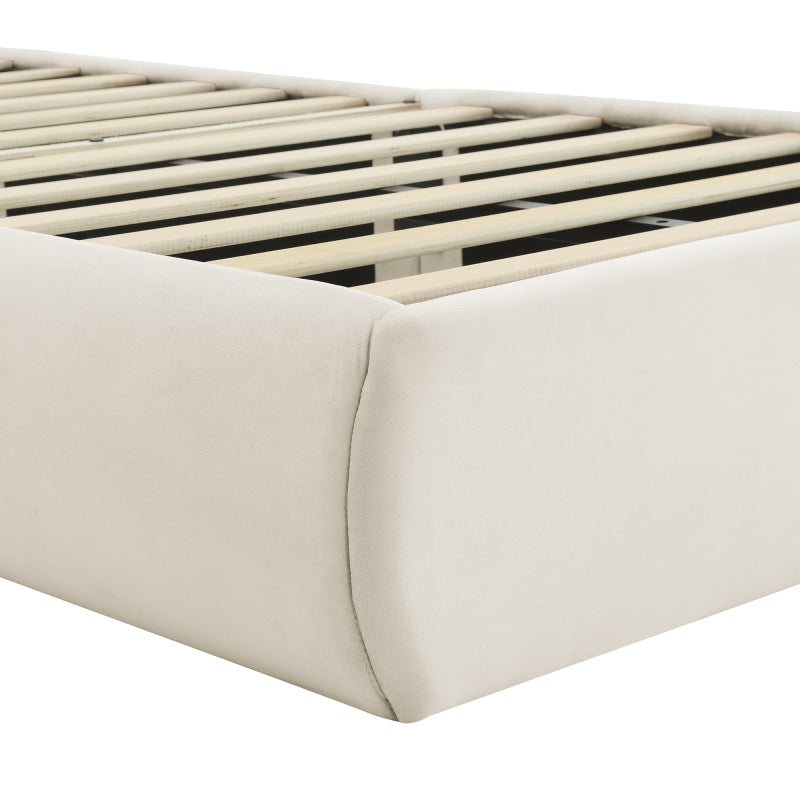 Polsterbett, Einzelbett, Hasenohren mit einstellbarer Helligkeit warmfarbenen Lichtstreifen, mit zwei Aufbewahrungshockern, Kinderbett mit Holzlatten, Samt, Beige, 90x200cm