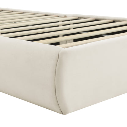 Polsterbett, Einzelbett, Hasenohren mit einstellbarer Helligkeit warmfarbenen Lichtstreifen, mit zwei Aufbewahrungshockern, Kinderbett mit Holzlatten, Samt, Beige, 90x200cm