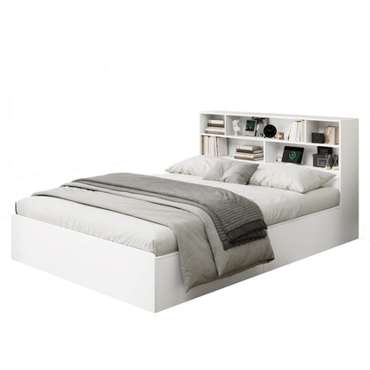 Stauraumbett 140*200cm, Doppelbett,Funktionsbett,Massivholzbett, mit USB-Anschluss, mit Aufbewahrungsbox unter dem Bett, mit Stauraum, ohne Matratze, weiß