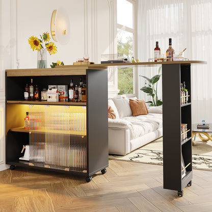 Produkttitel:  Bartisch ausziehbar 138-204cm, fahrbarer Stehtisch mit LED & Changhong-Glas, Küchentisch mit Rollen & Stauraum, Bistro Table, Schwarz