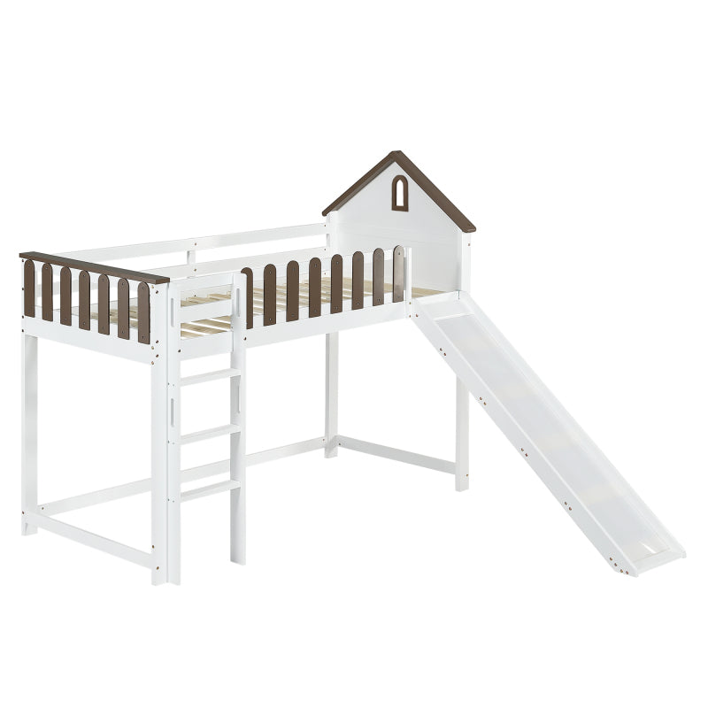 Hochbett, Mit Dach und Fenster, Mit dreistufiger gerader Leiter, Jugendbett, Kinderbett mit Rutsche,  Kiefer+MDF, Weiß+Walnuss, 90x200cm