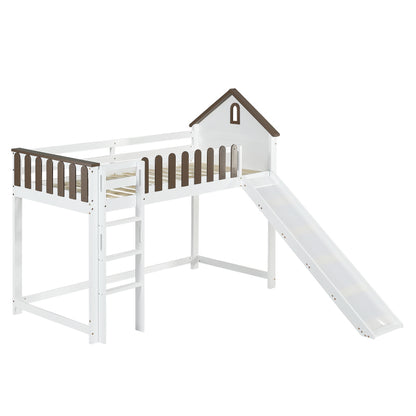 Hochbett, Mit Dach und Fenster, Mit dreistufiger gerader Leiter, Jugendbett, Kinderbett mit Rutsche,  Kiefer+MDF, Weiß+Walnuss, 90x200cm