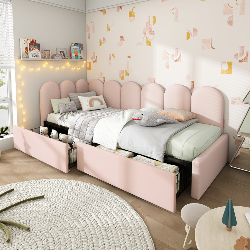 Polsterbett Einzelbett mit Schubladen Stauraumbett Samt Daybett Tagesbett Schlafsofa 90x190cm mit Lattenrost Jugendbett und Erwachsene Kinderbett,Rosa(Ohne Matratze)