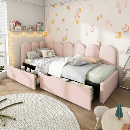 Polsterbett Einzelbett mit Schubladen Stauraumbett Samt Daybett Tagesbett Schlafsofa 90x190cm mit Lattenrost Jugendbett und Erwachsene Kinderbett,Rosa(Ohne Matratze)