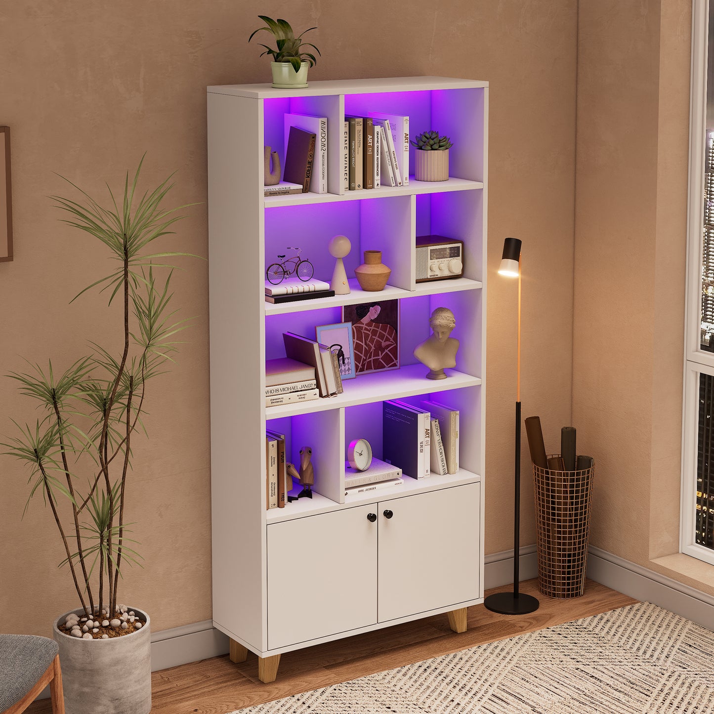 Bücherregal, LED-Farbwechsel-Ambientelicht, Fernbedienung, einfache Form,weiß