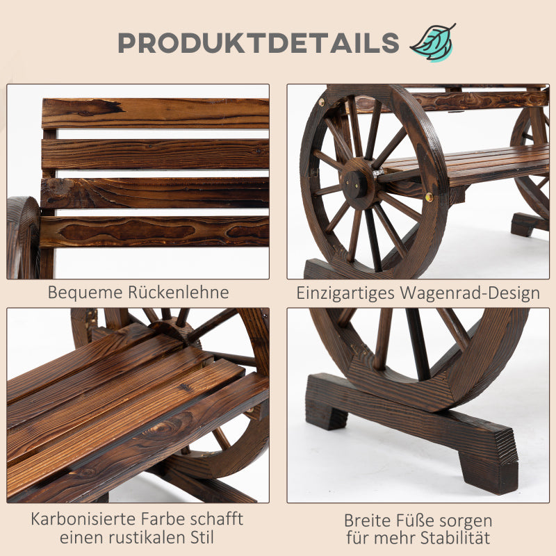 Gartenbank 2-Sitzer  Holzbank mit Wagenrad-Armlehnen im Landhausstil, Tannenholz, Braun