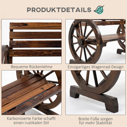 Gartenbank 2-Sitzer  Holzbank mit Wagenrad-Armlehnen im Landhausstil, Tannenholz, Braun