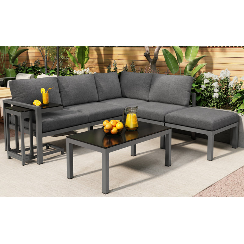 Garten Loungesessel Set, Eckloungesessel, Gartenmöbel für 4-5 Personen, mit Beistell- und Couchtisch, wetterfeste Loungemöbel, grau, 5er Set, inkl. aller Kissen(preview sku:HW24018AAS)