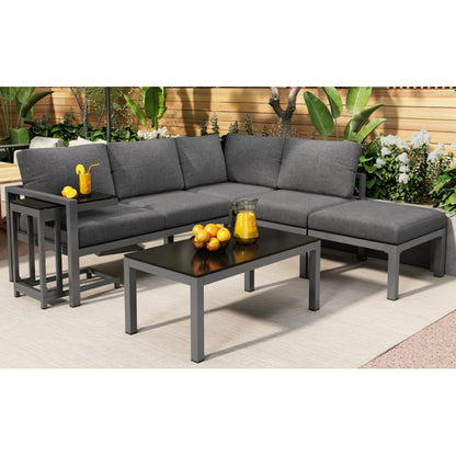Garten Loungesessel Set, Eckloungesessel, Gartenmöbel für 4-5 Personen, mit Beistell- und Couchtisch, wetterfeste Loungemöbel, grau, 5er Set, inkl. aller Kissen(preview sku:HW24018AAS)