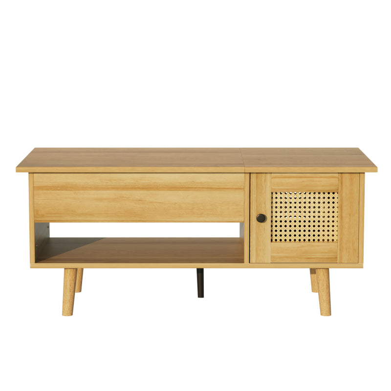 Eleganter Couchtisch mit anhebbarer Tischplatte und Rattan-Türen, Holzfarbe mit schwarzen Akzenten, ideal für das Wohnzimmer – Praktischer Stauraum und funktionales Design