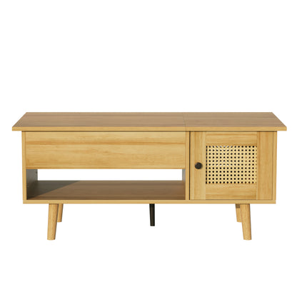 Eleganter Couchtisch mit anhebbarer Tischplatte und Rattan-Türen, Holzfarbe mit schwarzen Akzenten, ideal für das Wohnzimmer – Praktischer Stauraum und funktionales Design