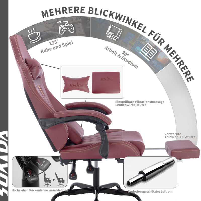 Gaming Stuhl Computerstuhl Ergonomischer Gaming Chair mit Fußstütze Bürostuhl Ergonomischer Computerstuhl mit Lendenwirbelstütze Rot