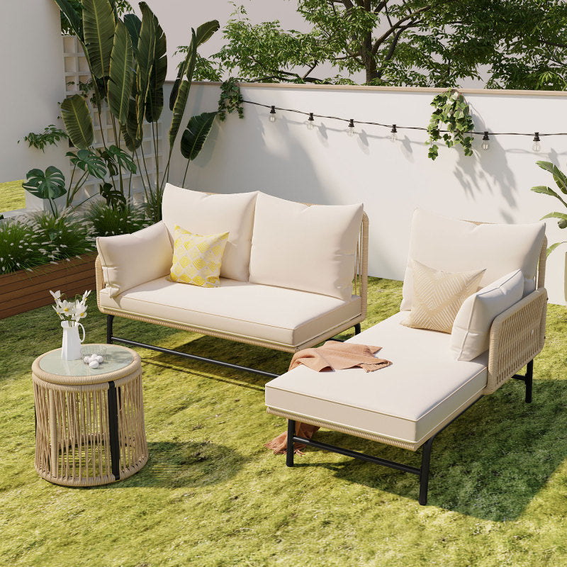 Gartenlounge-Set, Gartenmöbel-Set, Gartenlounge mit Eisengestell und beigem Seilbezug, Gartenmöbel aus gewebtem Seil für den Außenbereich, L-förmiges Gesprächsset mit Tisch, Beige