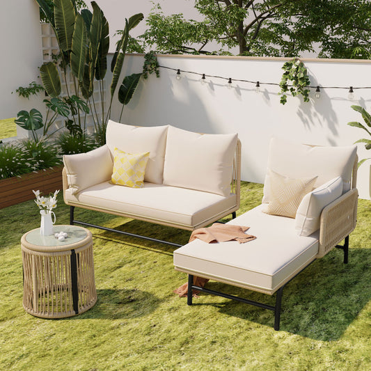 Gartenlounge-Set, Gartenmöbel-Set, Gartenlounge mit Eisengestell und beigem Seilbezug, Gartenmöbel aus gewebtem Seil für den Außenbereich, L-förmiges Gesprächsset mit Tisch, Beige