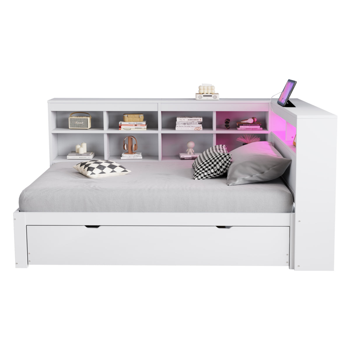 Massivholz-Einzelbett 90x200 Weiß mit Ausziehbett - Multifunktionales Schlafsofa inkl. LED, USB-Steckdose, Regalen & viel Stauraum, Weiß