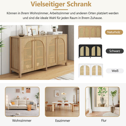 Modernes Sideboard im minimalistischen Stil 4-Rattantür, Metallgriff einfaches Buffetschrank für Esszimmer, Wohnzimmer, Küche (Naturholz)