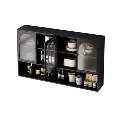 120CM Four-door Glass Wall Cabinet Storage, Wall-mounted,Suitable for Kitchen, Living Room, Bathroom(Black)