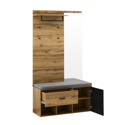 Garderoben Set in Holzoptik mit Spiegel, Schuhbank (104 x 39 cm) mit Polster, Schuhschrank, Schublade, Regal, Kleiderhaken – Praktisches Design für den Eingangsbereich