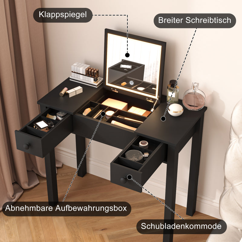 Schicker schwarzer Schminktisch mit LED-Beleuchtung, hochklappbarem Spiegel und 2 Schubladen für Damenschmuck, lackiert