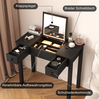 Schicker schwarzer Schminktisch mit LED-Beleuchtung, hochklappbarem Spiegel und 2 Schubladen für Damenschmuck, lackiert