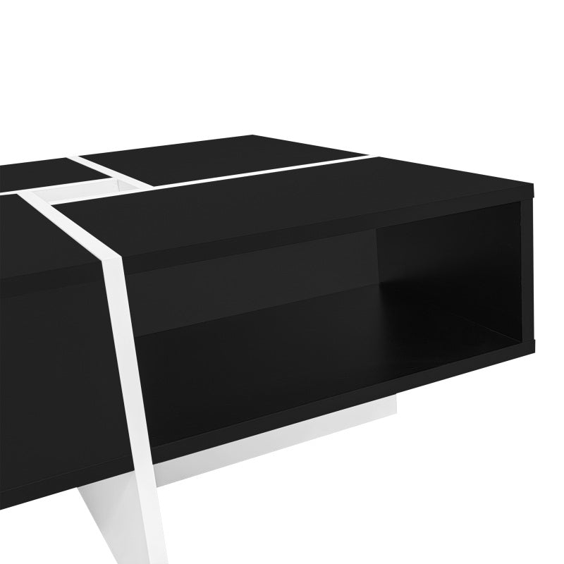 Moderner quadratischer Couchtisch 70x70x35cm - Schwarz-weißes Design, 5 offene Fächer, mittleres Ablagefach 10x10cm, Belastbarkeit 30KG, schwarzer quadratischer Couchtisch