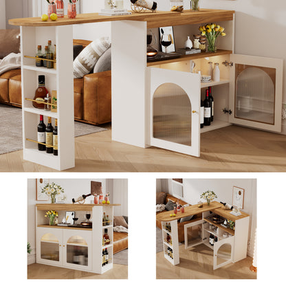 Bartisch ausziehbar 138-193cm, 360° drehbarer Stehtisch mit LED & Glasfront, Bistrotisch mit Regal, Esstisch mit Stauraum, Weiß