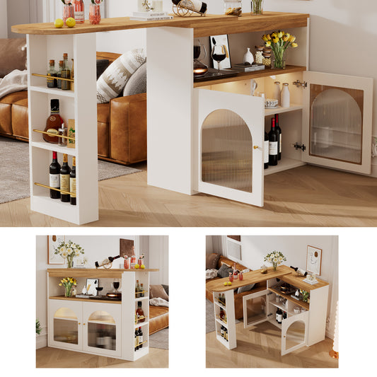 Bartisch ausziehbar 138-193cm, 360° drehbarer Stehtisch mit LED & Glasfront, Bistrotisch mit Regal, Esstisch mit Stauraum, Weiß