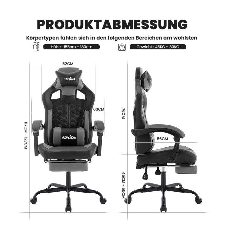 Gaming Stuhl, Ergonomischer Gaming-Stuhl mit Fußstütze, Racing Gaming Chair Kopfstütze Verstellbarer Computerstuhl Höhenverstellbar Lendenwirbelstütze für Homeoffice und Gaming Gray