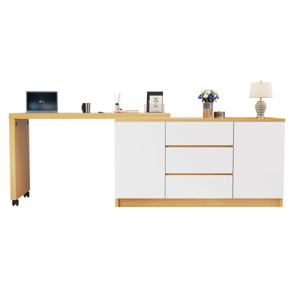 Schreibtisch mit feststellbaren Rollen – multifunktionales Design, 4 cm dickere, drehbare Tischplatte, fest arretierbar, weiß/Eiche, Faltbarer Schreibtisch, Eckschreibtisch, Sideboard,Dicke Materialie
