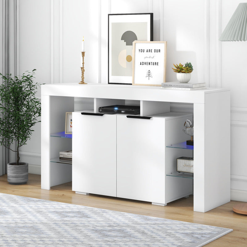 Hochglanz-LED-Sideboard, Küchenschrank, Schrank, Buffet-Aufbewahrung, Servertisch mit LED-Leuchten, Hochglanz-Buffetschrank mit 4 Glasböden und 2 Tür, Vitrine für Wohnzimmer, Eingangsbereich