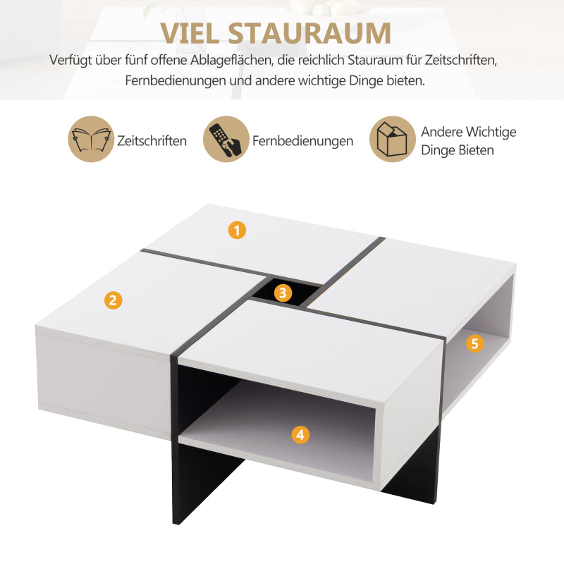 Moderner quadratischer Couchtisch 70x70x35cm – Schwarz-Weiß Design, 5 offene Fächer, mittleres Staufach 10x10cm, stabiler 30KG Tragkraft,Weißer quadratischer Couchtisch